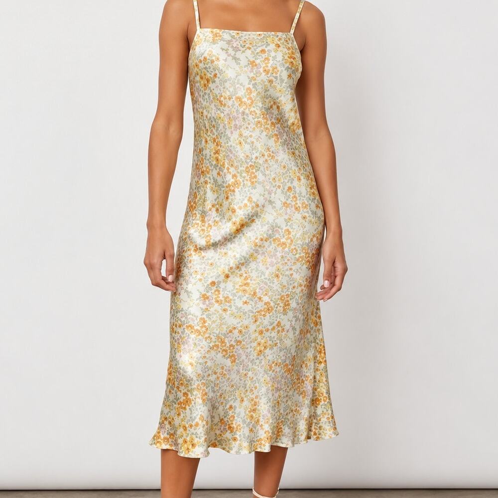 Rails M Mina Floral Summer Meadow Slip Dress Satin Midi Pale Yellow Sleeveless